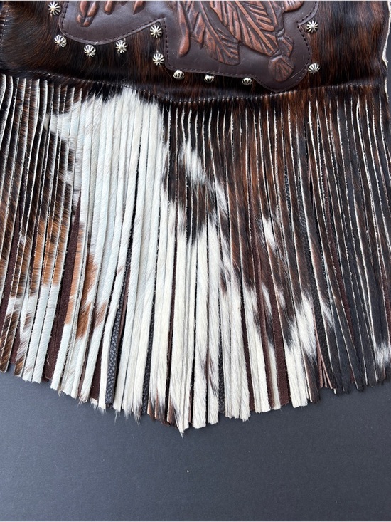 Raviani Studded Native American Fringe Crossbody Bag In Hair-On Cowhide EUC - Picture 6 of 17